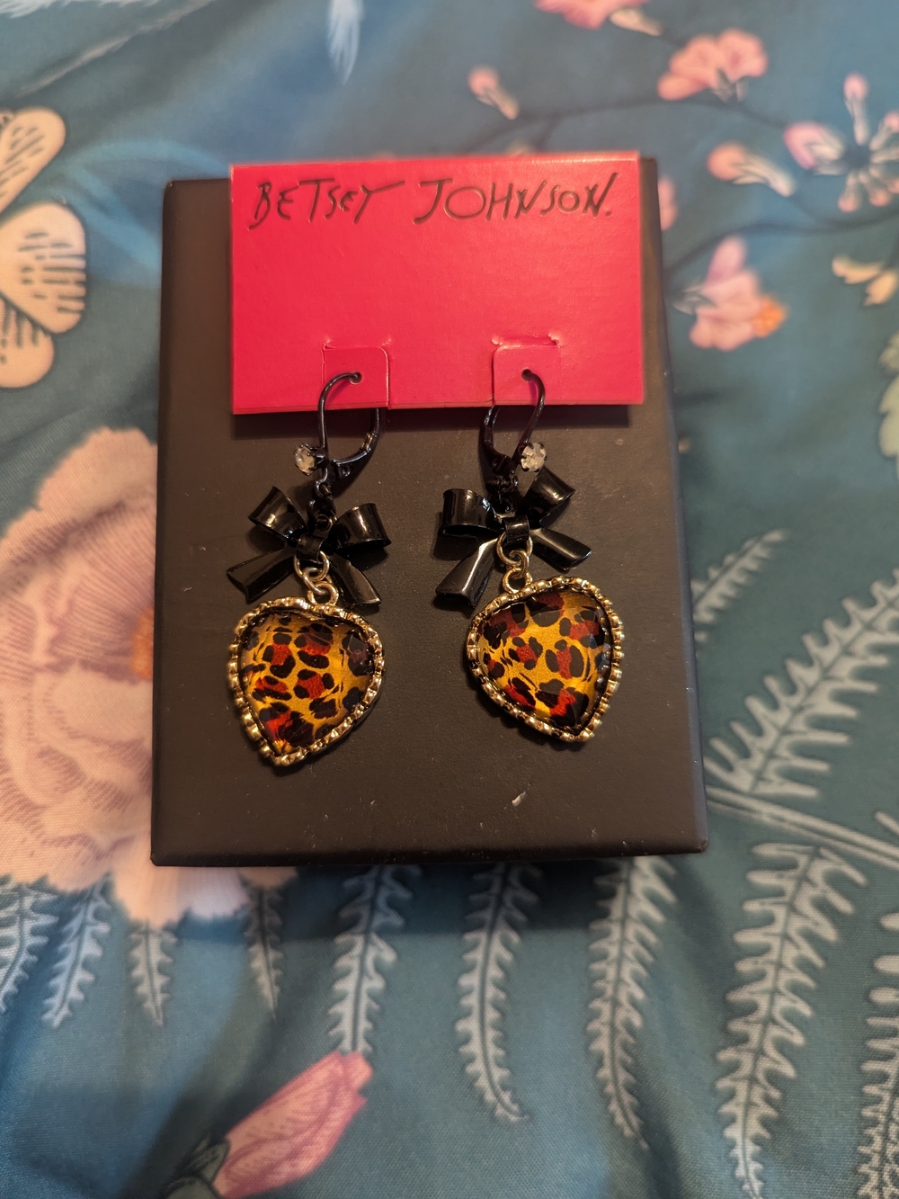 Betsey Johnson Black Bow Leopard Heart Drop Earrings